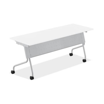 white table with silver legs and metal back on wheels